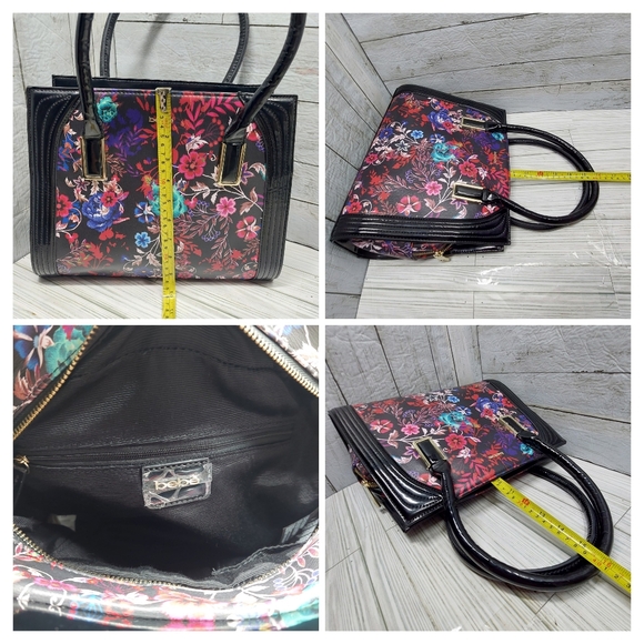 Bebe Black Multi-Floral Print Med/Lrg 2Handle Zip Pockets Square Satchel Handbag - Picture 5 of 8